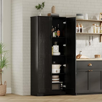 Garvee Tall Pantry Cabinet, 60" Kitchen Storage Cabinet with 2 Doors & Adjustable Shelves, Freestanding Wooden Cupboard for Bathroom，Dining Room, Living Room, Black | Kitchen Storage Cabinet with 2 Doors & Adjustable Shelves, Wooden Cupboard for Bathroom，