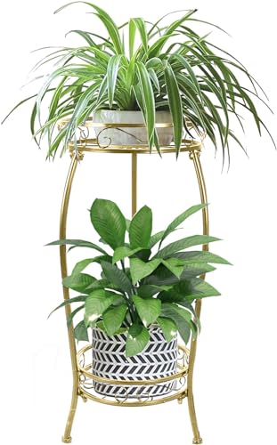 MOCORY Plant Stand Indoor Outdoor 2 Tier 27" Tall Metal Potted Holder Rack Flower Pot Stand Heavy Duty Plant Shelf Rustproof Iron Multiple Plant Round Supports Rack for Planter Corner Garden Balcony | Sturdy Rustproof Plant Shelf with Stable 3-Leg Base, H