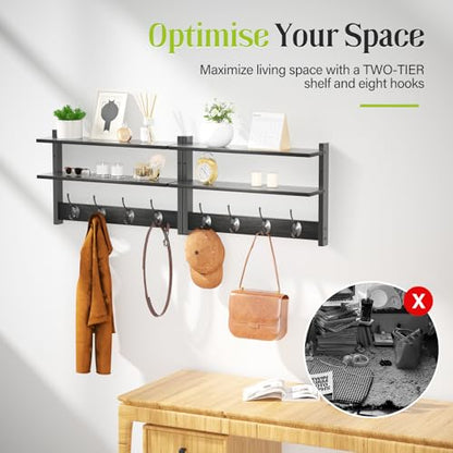 2 Tier Coat Rack Wall Mount with Shelf, 33" Wall Shelf with Hooks, Entryway Key Holder for Wall with 8 Heavy Duty Double Hooks, Coat Hook Wall Mounted for Bedroom, Living Room, Black - color: Black-2 Pack