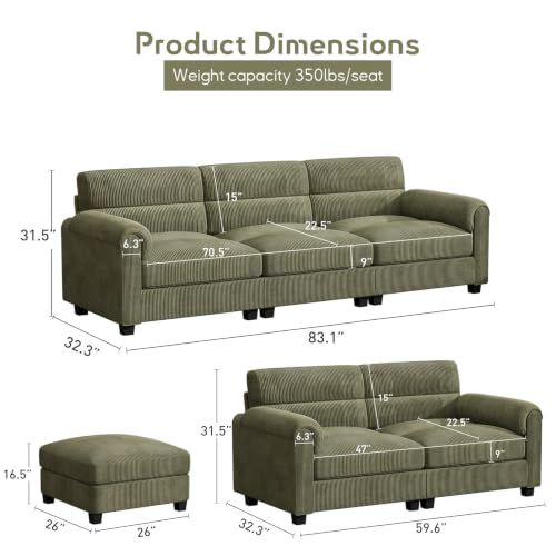 Bonzy Home Green Couch Sets for Living Room, Corduroy Loveseat Sofa & 3 Seater Couch with Movable Ottoman and Rolled Arms, Modern Furniture Set - color: Green, size: 0+2+3