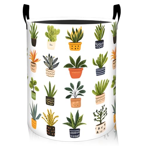Potted Botanical Laundry Basket, Oxford Cloth Minimalist Nature Dirty Clothes Collapsible Hamper for Room Decor, Plant Leaf Print Gifts Toy Organizer 19.7 * 15.7 Inch for Bedroom Bathroom Dorm - style: Potted