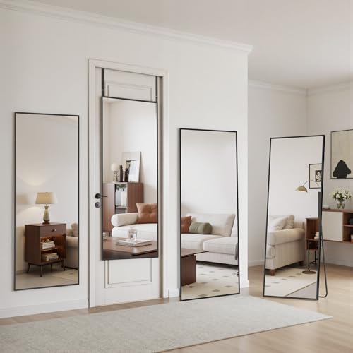 Suidia Full Length Mirror Over the Door&Wall Mounted, 48"x14" Door Mirror with Aluminum Alloy Frame, HD Shatterproof, No-Drill, Hanging Mirrors for Bedroom, Bathroom, Dorm, Closet, Rect, Black - color: Black, size: 48"L x 14"W, style: Rect