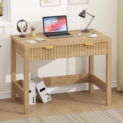 32 Inch Small Fluted Computer Desk with 2 Drawers for Bedroom, Home Office | Small Wooden Computer Desk with Storage, Compact Writing Study Vanity Desk for Small Spaces, Oak - color: Oak, size: 32-Inch Desk