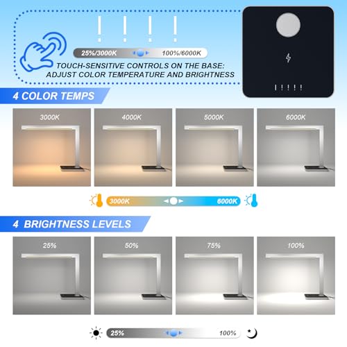 Aluminum LED Desk Lamp with Charging Station, 15W Table Lamp Work | with Type-C Ports & 4 Color Temperature Modes(3000K-6000K), Dimmable Desk Light for Home Office,Bedroom (Includes Adapter) - color: Silver
