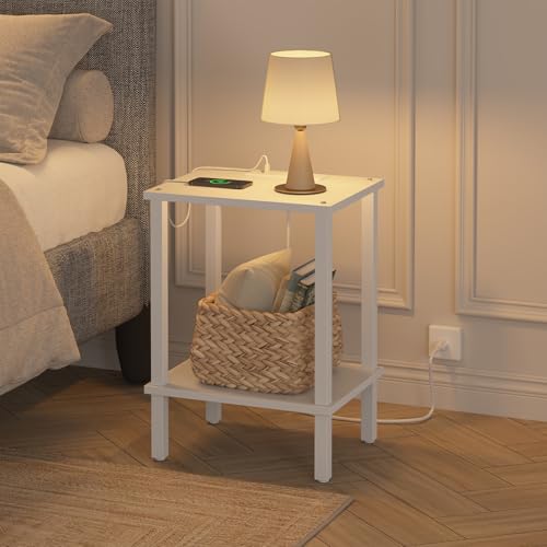 TUTOTAK End Table with Charging Station, Side Table Set of 2, Nightstand | 2-Tier Storage Shelf, Bedside Table with USB Ports, Sofa Table for Small Space, Livingroom, Bedroom White TB01BW041 - color: White