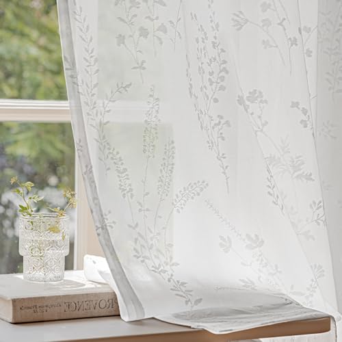 Anmao White Semi Sheer Light Filtering Curtains 54 Inches Long 2 Panels, Flower Pattern Drapes for Living Room Bedroom, Rod Pocket Sheer Window Treatments with Floral Design, 52x54 Inch - color: White Flower, size: 52"W x 54"L (Pack of 2)
