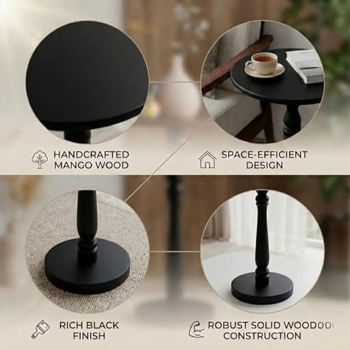 Relso Stambha Solid Wood Drink Table - 24" Tall Round Accent Side Table, Handcrafted Black Finish, Mango Wood, Perfect for Living Room, Bedroom or Indoor Plant Stand, 12" Compact Top - color: Stambha Black