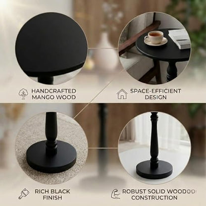Relso Stambha Solid Wood Drink Table - 24" Tall Round Accent Side Table, Handcrafted Black Finish, Mango Wood, Perfect for Living Room, Bedroom or Indoor Plant Stand, 12" Compact Top - color: Stambha Black