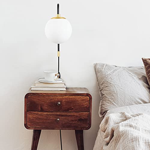 Caserti Black and Gold Plug in Wall Sconce Wall Lighting Modern Frosted Glass Globe Plug Wall Lamp with Plug in Cord Swing Arm Wall Mounted Bedside Lamp with On/Off Switch Wall Light