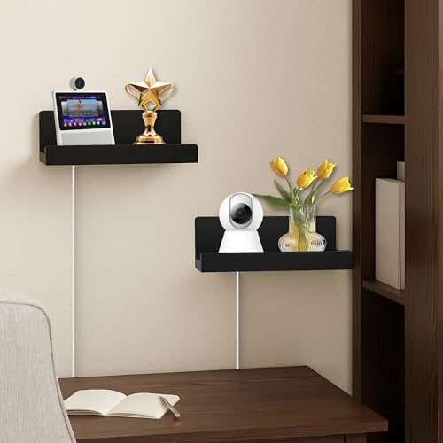 Floating Wall Shelves Set of 2, 12-Inch Solid Wood Shelves with Cable Holes, Small Display Shelf for Router, Webcam, Smart Speaker, Camera – Black - color: Black, size: 12 Inch-2 Pcs