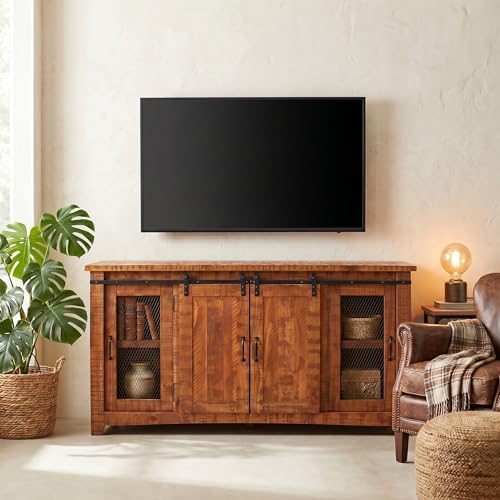 Martin Svensson Home Rustic 65" Wood Entertainment Center, Honey Tobacco | Solid Pine, TV Stand, Sliding Doors, Adjustable Shelves & Cable Management, for TVs up to 70" - color: Honey Tobacco