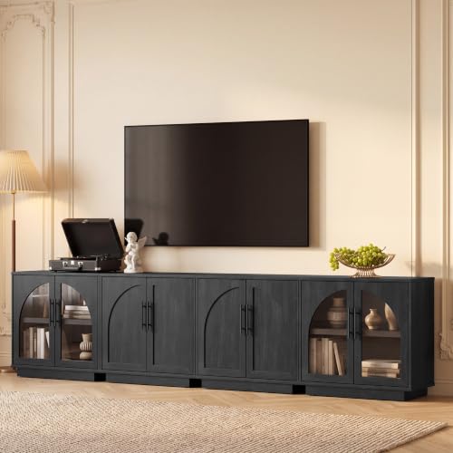 Fatmok Modular Entertainment Center & Buffet Cabinet, Extra Long Sideboard TV Stand with Arched Glass Doors, Modern Wooden Storage Cabinet for Living Room, Black Grey(DCCD,4-Piece) - color: Dccd-black Grey