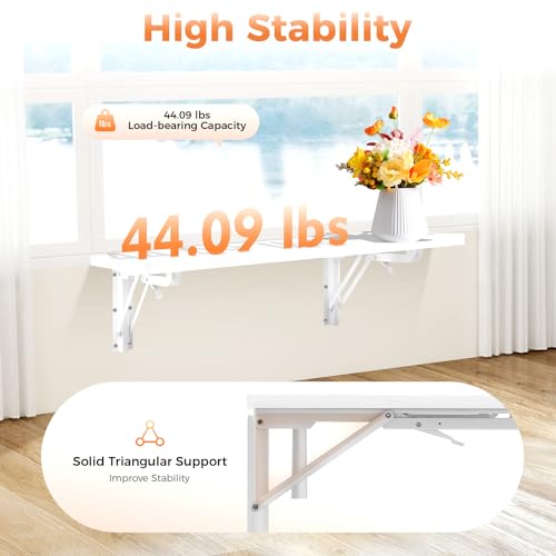 White Solid Wood Wall Mounted Folding Table, 44lbs Load-Bearing Folding Wall Desk with Triangular Bracket 23.6"x15.7" Space-Saving Fold Down Table for Kitchen, Bedroom & Study