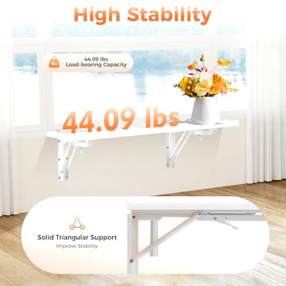 White Solid Wood Wall Mounted Folding Table, 44lbs Load-Bearing Folding Wall Desk with Triangular Bracket 23.6"x15.7" Space-Saving Fold Down Table for Kitchen, Bedroom & Study
