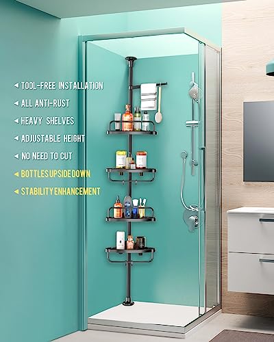 ADOVEL 4 Layer Corner Shower Caddy, Stainless Steel Constant Tension Pole Shower Organizer, Adjustable Corner Shower Shelf, Rustproof 3.3 to 9.8 ft - color: Black