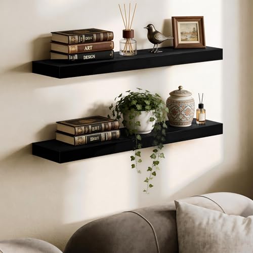 BAMEOS Bamboo Floating Shelves Wall Mounted Wooden Shelves with Invisible Brackets Set of 2, Hanging Wall Decor for Bedroom, Bathroom, Living Room and Kitchen - color: Black