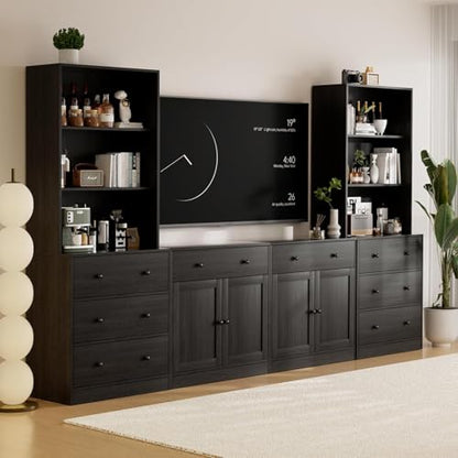 TUSY 71" Large TV Stand Set - TV Entertainment Center for TVs up to 65", Media Center with Tempered Glass Doors and Drawer, TV Hutch with Bookshelves for Living Room (Black, BEEB) - color: Black