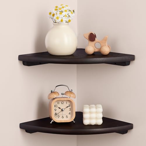 Gieanoo Corner Wall Shelf,7inch Solid Oak Wood Floating Corner Shelf with Wire Hole Corner Wall Storage Display Shelves for Living Room Bedroom Bathroom Kitchen(Walnut) - color: Dark Walnut, size: 7in 2-Pack
