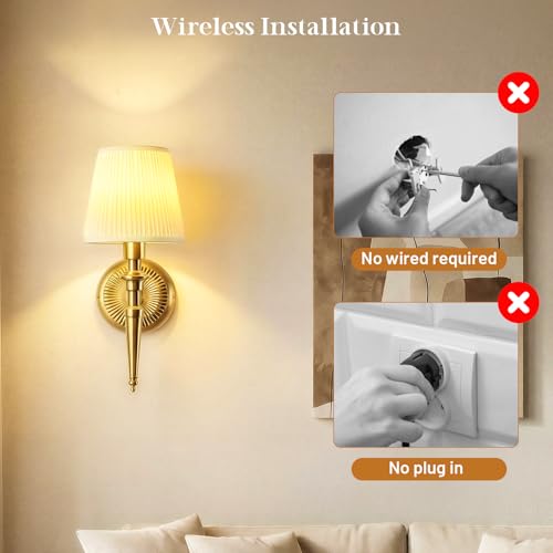 Battery Operated Wall Sconces Set of 2, Wireless Rechargeable Wall Lights with 12 RGB Colors and 3CCT Dimmable, Small Fabric LED Wall Lamps for Bedroom, Living Room, Hallway, Gold - color: Gold