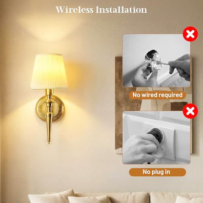 Battery Operated Wall Sconces Set of 2, Wireless Rechargeable Wall Lights with 12 RGB Colors and 3CCT Dimmable, Small Fabric LED Wall Lamps for Bedroom, Living Room, Hallway, Gold - color: Gold