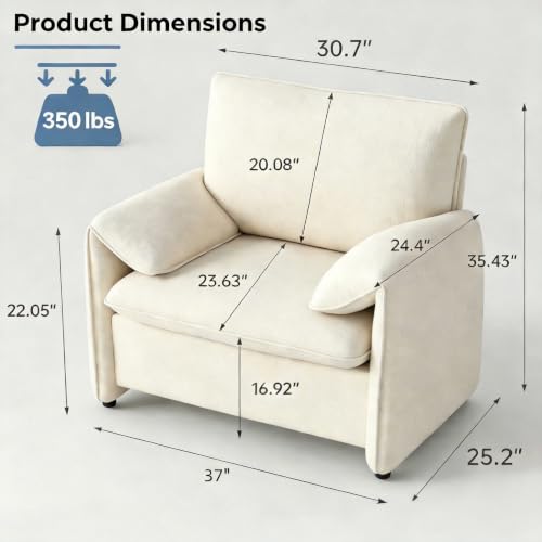 Oversized Accent Chair, 37" Chenille Armchair for Living Room, Beige | Comfy Upholstered Reading Chair, Chair and a Half, Modern Single Sofa Chairs for Bedroom, Nook, Apartment