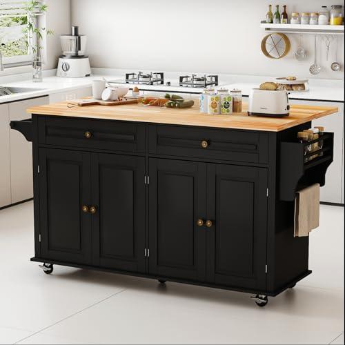67 Kitchen Island Cart with Drop Leaf Breakfast Bar, Rolling Mobile Kitchen Island Table on Wheels with Storage Cabinet, Drawer, Spice/Towel Rack, Black - size: 67 Inch