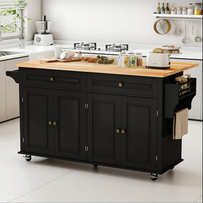 Kitchen Island Cart with Wood Top and Drop Leaf, Rolling Kitchen Island Table on Wheels with Drawer, Storage Cabinet, Spice Rack and Towel Rack for Dining Room, Black - size: 67.1" W, style: Black