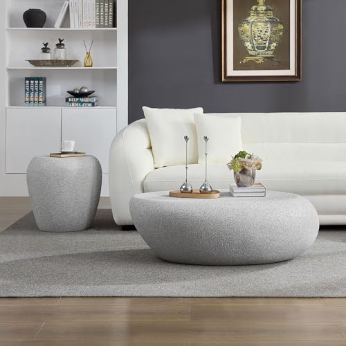 19.29" End Table Travertine Side Table with Grainy Matte Rocks Pattern, Modern Circle Faux Stone Fiberglass Small Coffee Sofa Table, No Need Assembly (Beige) - color: B-19.29" Rock Grey
