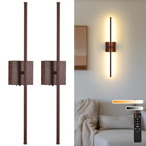 Battery Operated Wall Sconces Set of Two, 11000mAh LED Wireless Faux Walnut Finish Wall Lights with Remote, 350°Rotate Dimmable Wall Lamp, 3 Color Temperatures, for Bedroom, Living Room, Hallway - color: Walnut Finish, size: 2 Pack