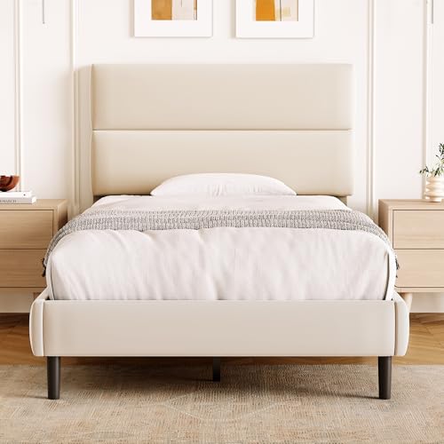 GRUSIGN Twin Size Platform Bed Frame with Velvet Headboard, Adjustable Height Wooden Slats Support, Upholstered Mattress Foundation, Fits Mattress or Mattress with Box Spring, Easy Assembly, Beige - color: Beige, size: Twin