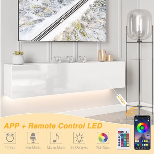 Floating TV Stand with LED for 60 65 70in TV, Glossy Wall Mounted Modern Entertainment Center with Storage, White - size: 63"W x 12"D x 13.5"H