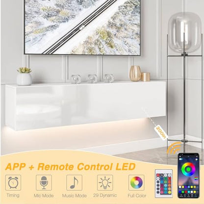 Floating TV Stand with LED for 60 65 70in TV, Glossy Wall Mounted Modern Entertainment Center with Storage, White - size: 63"W x 12"D x 13.5"H