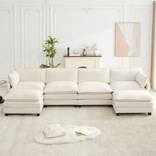 ROWHY Oversized Modular Sectional Couch with 2 Movable Ottoman, 148" Modern Convertible U Shaped Sofa Set, 4 Seat Comfy Cloud Couch with 2 Throw Pillows, for Living Room and Office, Chenille, Beige - color: Chenille Beige, size: 6 Seats U-Shaped