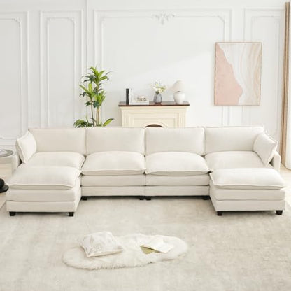 ROWHY Oversized Modular Sectional Couch with 2 Movable Ottoman, 148" Modern Convertible U Shaped Sofa Set, 4 Seat Comfy Cloud Couch with 2 Throw Pillows, for Living Room and Office, Chenille, Beige - color: Chenille Beige, size: 6 Seats U-Shaped