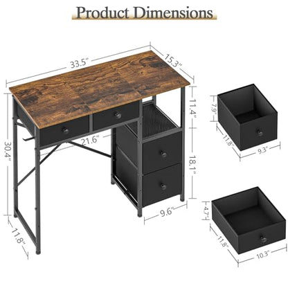 3IngSeagulls Small Computer Desk with 4 Fabric Drawers, Simple Writing Desk for Home Office, Compact Study Desks for Small Spaces, Kids Desk Study for Bedroom, Rustic Brown - color: Rustic Brown