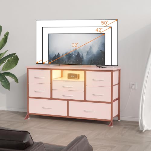8-Drawer LED Dresser TV Stand with Power Outlet for 55'' TV - Wide Storage Chest for Bedroom, Living Room & Entryway, Wood Top Console Table with 22 Light Modes - color: Pink