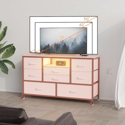 8-Drawer LED Dresser TV Stand with Power Outlet for 55'' TV - Wide Storage Chest for Bedroom, Living Room & Entryway, Wood Top Console Table with 22 Light Modes - color: Pink