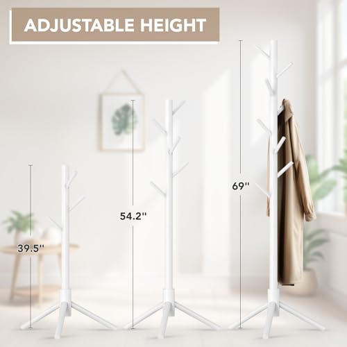 Hupmad Wooden Tree Coat Rack Stand,Sturdy Freestanding Coat Rack with 8 Hooks,3 Adjustable Height for Child Adult,Wood Coat Stand Tree Fits Entryway Bedroom Office for Bags,Hats, 2 Pack - color: White, size: 2 PCS