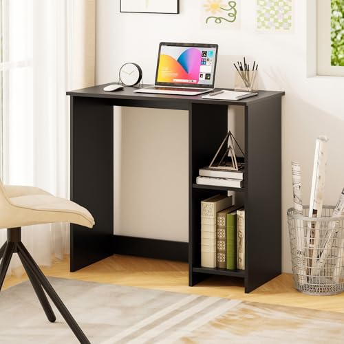 Tangkula Small Desk with Shelves, Compact Desk for Small Space, Study Writing Table with 2 Tier Shelves, Modern Simple Style Laptop PC Table (Black) - color: Black