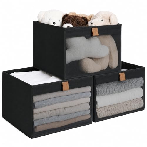 StorageWorks Closet Storage Bins with Clear Window, Large Closet Organizer and Storage Bins for Clothes, Collapsible Storage Baskets with PU Handles, Black, 3-Pack - color: Black, size: 12 ¾" L x 12 ¾" W x 9" H