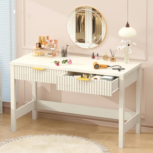 47 Inch Small Fluted Computer Desk with 2 Drawers for Bedroom, Home Office | Small Computer Desk with Storage for Bedroom, Compact Writing Study Desk for Small Spaces, Warm White - color: White, size: 47-Inch Desk