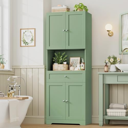 Tall Bathroom Storage Cabinet with Drawer, Modern Linen Cabinet,Green | 67"H Tall Storage Cabinet with Doors & Shelves, Freestanding Kitchen Pantry for Bathroom, Dining Room, Laundry, Narrow Corner - color: Green