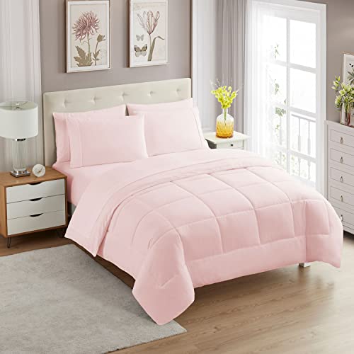 King Size Comforter Set with Sheets - 7-Piece Bedding Collection - 1 Comforter, 1 Fitted Sheet, 1 Flat, 4 Pillowcases - Deep Pocket - Soft & Premium Quality - Ideal for All Seasons, Pale Pink - color: Pale Pink, size: King