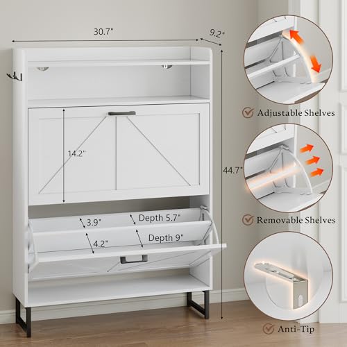 BORNOON Shoe Cabinet with 2 Flip Drawers Narrow Shoe Storage Cabinet Organizer Wooden Freestanding Shoe Rack Hidden Slim Shoes Storage Cabinet for Entryway, Hallway, Bedroom - color: White, size: 2-Drawer