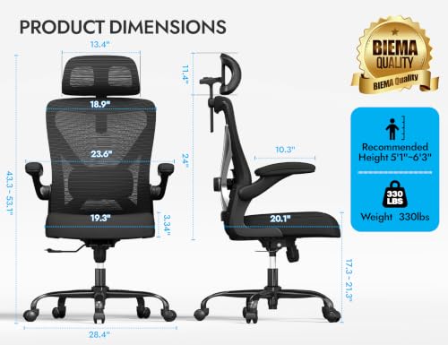 Ergonomic Office Chair: Mesh Desk Chair Comfy with Headrest& Lumbar Support | Ergalithic Big and Tall Office Chairs with Wheels & Flip-Up Arms-Computer Gaming Chairs for Adults Home Office Chairs(Black) - color: Black, size: Pack of 1