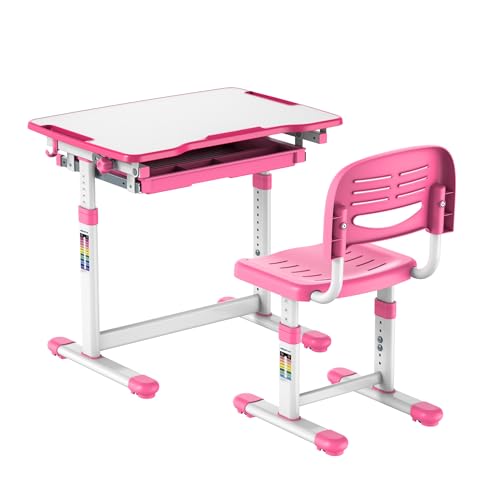 Mount-It! Kids Desk and Chair Set, Height Adjustable Sturdy, Girl Desk, Child Study Desk and Chair Set for Boys, Table for Art, Home School, Drafting, Ergonomic with Storage Drawer, Pink - color: Pink