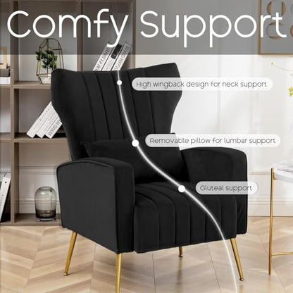 Accent Chairs Set of 2,Upholstered Living Room Chair with Lumbar Pillow, HighBack ArmChair with Metal Legs, Single Sofa Wingback Reading Chair For Bedroom, Apartment, Small Spaces Velvet Black - color: B-black, size: Set of 2