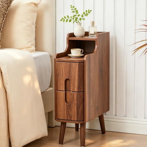 FurSch Narrow Nightstand, Wooden 2 Drawer, Walnut, 1 pc - color: Walnut 3-1 Pc