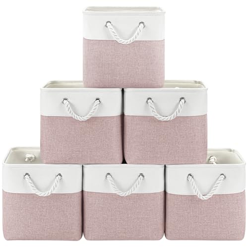 Patvingot 11-Inch Fabric Cube Storage Bins with Handles,6 Pack,Foldable | For cube shelves and closets,keeps grouped for everyday access,reinforced opening and fold-flat storage,white and pink - color: White/Pink, size: 11"×11"×11"-6Pack