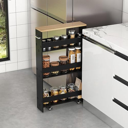MAT EXPERT Slim Rolling Storage Cart, 4-Tier Freestanding Slim Storage Cart with Wheels 360 Degree & Metal Handle, Wooden Utility Cart for Narrow Kitchen, Laundry Room, Bathroom (Black + Natural) - color: Black + Natural